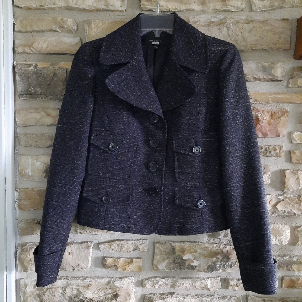 NINE WEST Women's Black Blazer Buttons / Pockets, Cropped Sz. 2